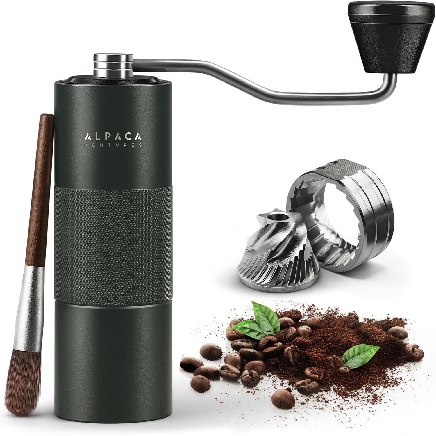 Raven’s Grove dark green Alpaca manual coffee grinder with cleaning brush, conical burr set and coffee beans